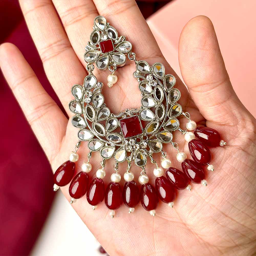 Ishaal Silver (Maroon) Earring/Teeka Set