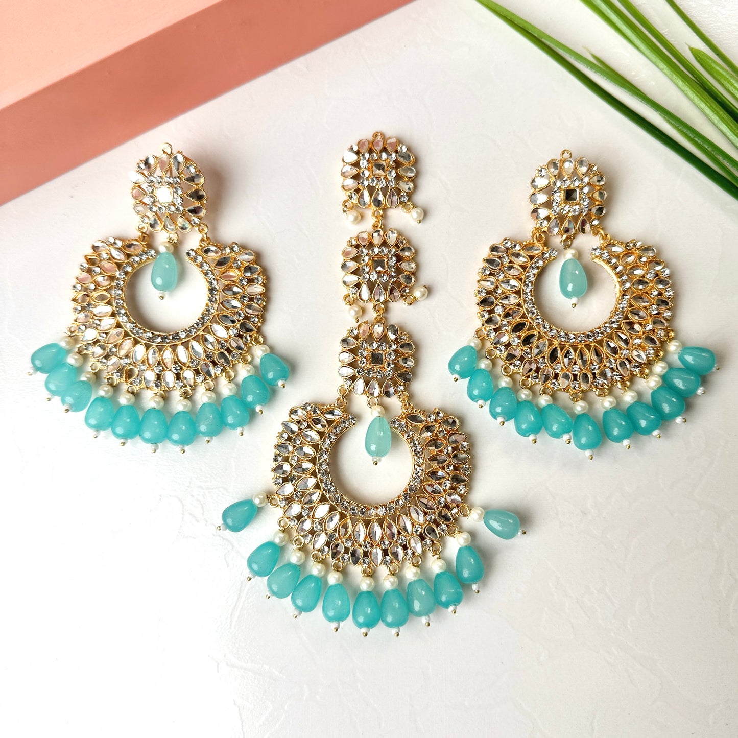 Wafaa earrings and teeka set (Light Blue)