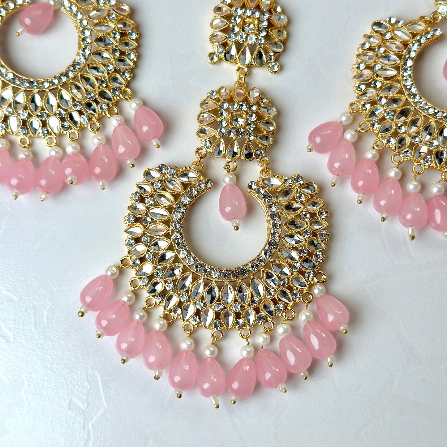 Wafaa earrings and teeka set (Light Pink)