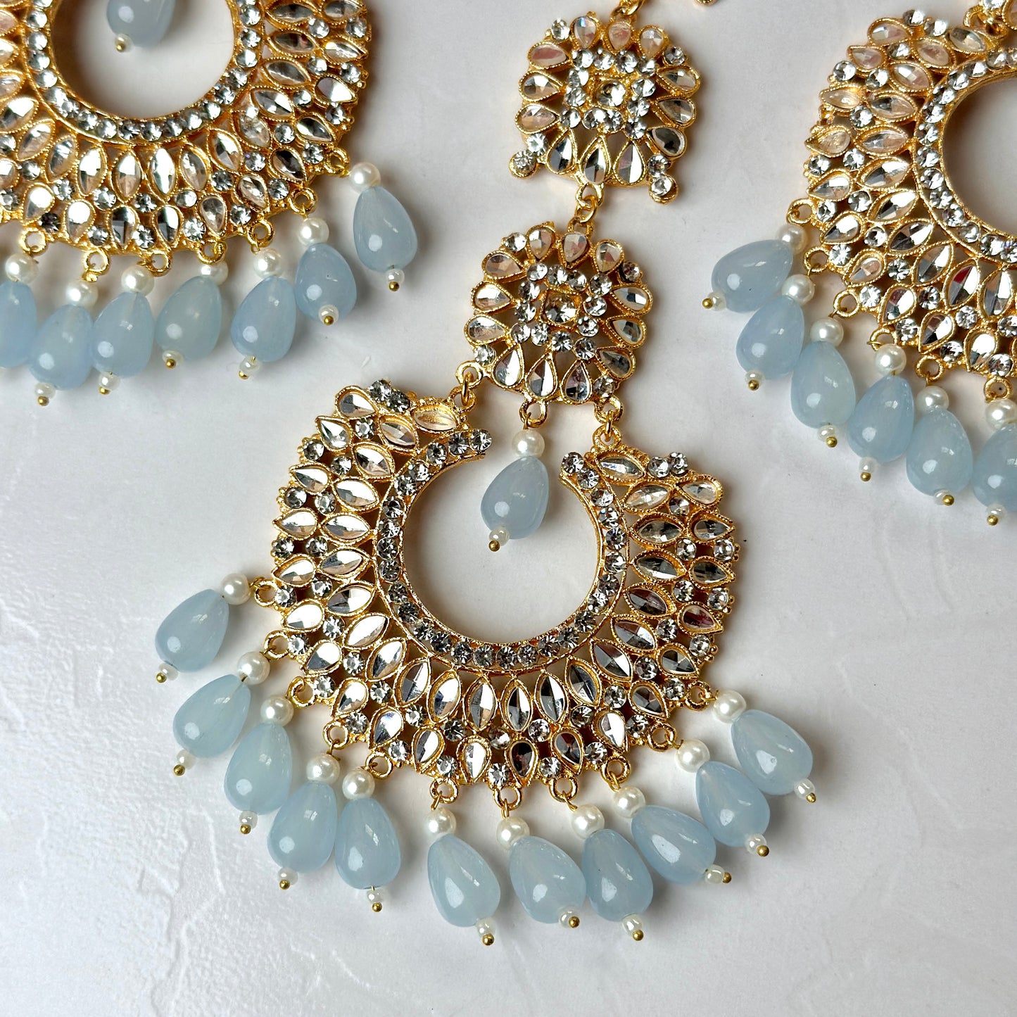 Wafaa Earrings and Teeka Set (Pale light blue)