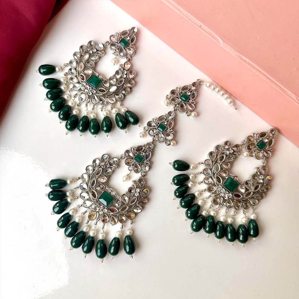 Ishaal Silver (Green) Earring/Teeka Set