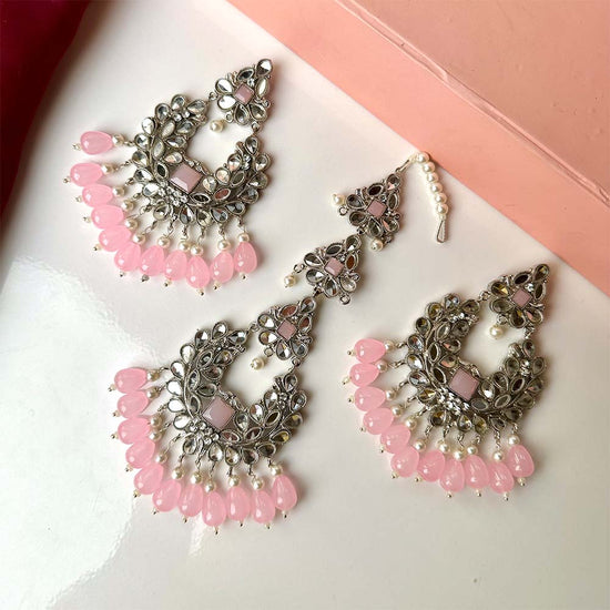 Ishaal Silver (Pink) Earring/Teeka Set