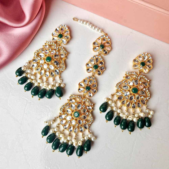 Kiran Earrings and Teeka Set Golden (Green)