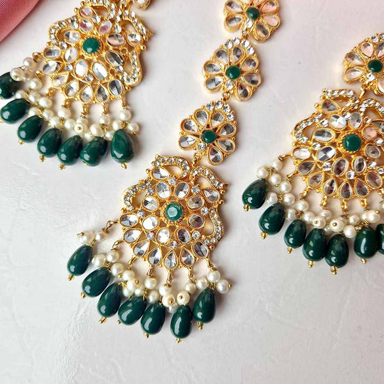 Kiran Earrings and Teeka Set Golden (Green)