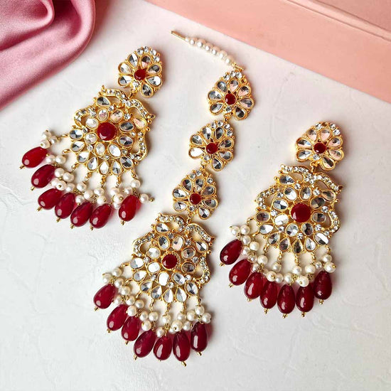 Kiran Earrings and Teeka Set Golden (Maroon)