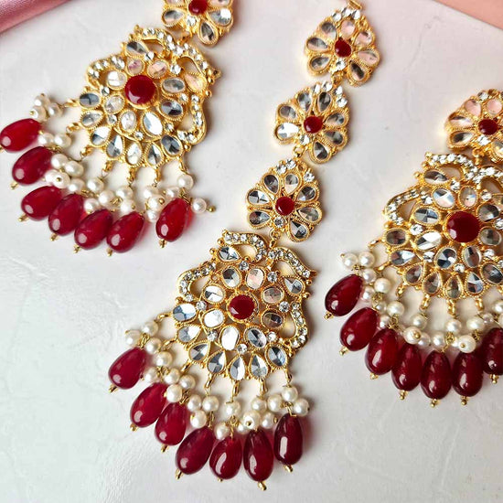 Kiran Earrings and Teeka Set Golden (Maroon)