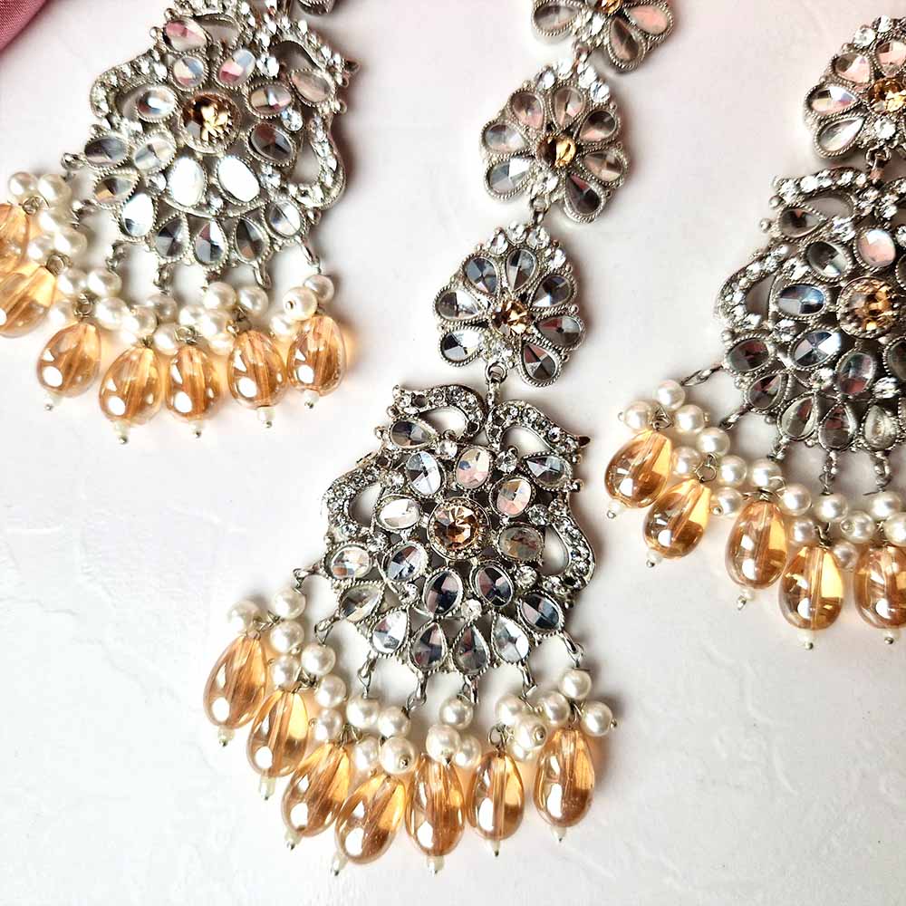 Kiran Earrings and Teeka Set Silver (Champagne)
