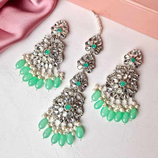 Kiran Earrings and Teeka Set Silver (Green)