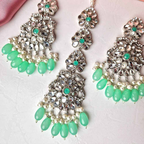 Kiran Earrings and Teeka Set Silver (Light Green)