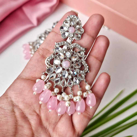 Kiran Earrings and Teeka Set Silver (Light Pink)