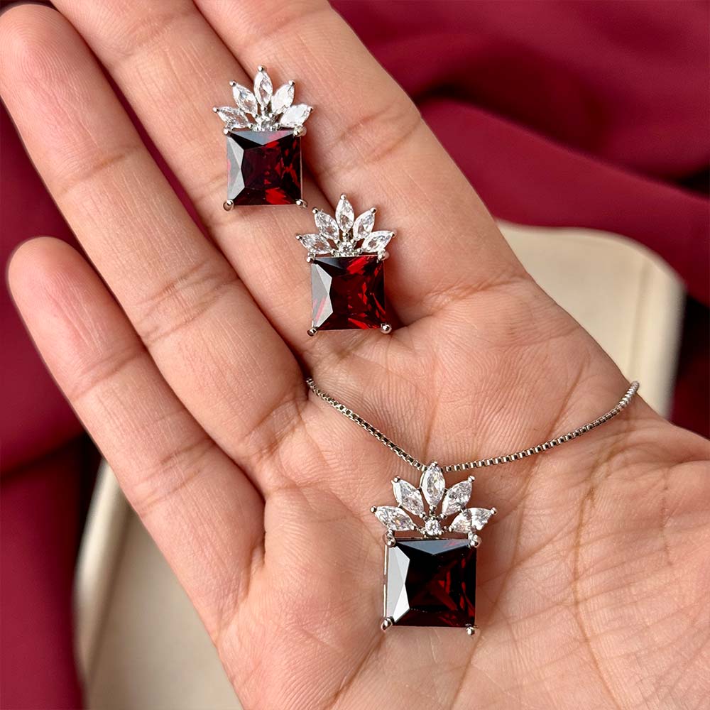 Lotus Pendant Set (Silver Maroon)