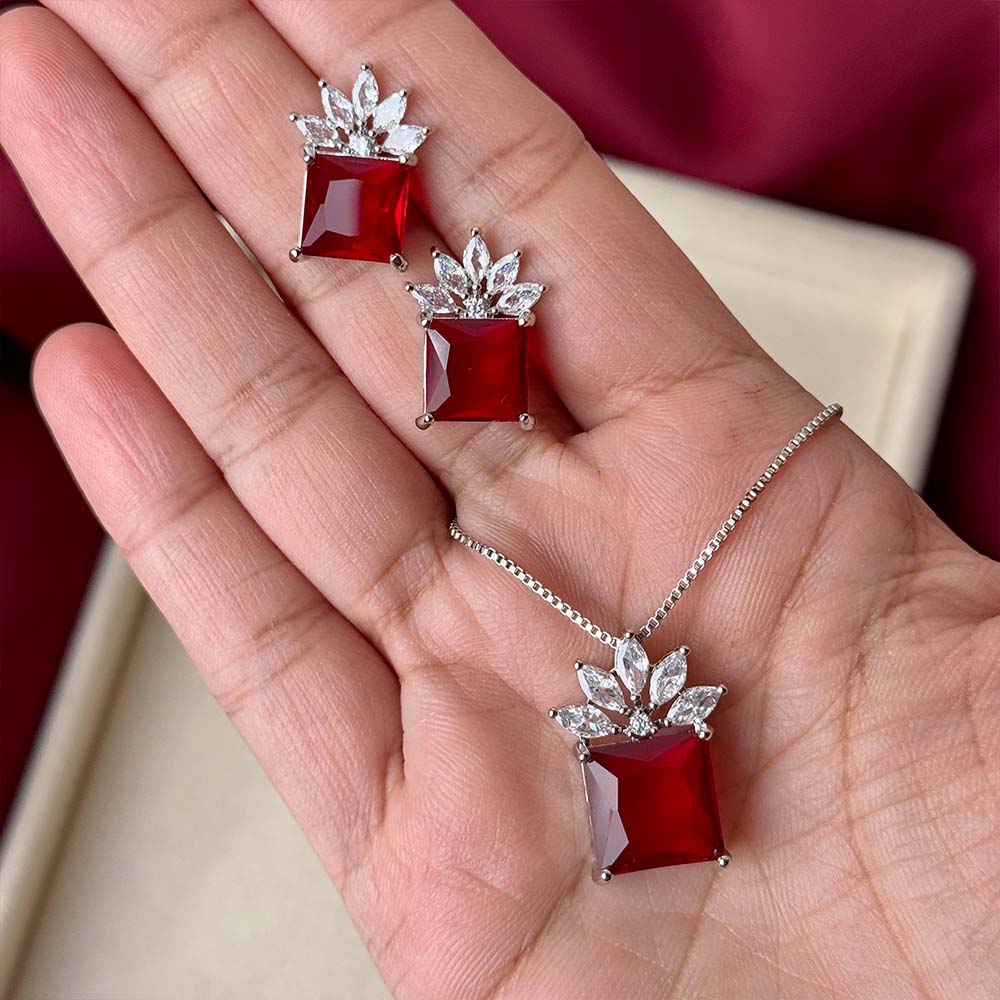 Lotus Pendant Set (Silver Red)