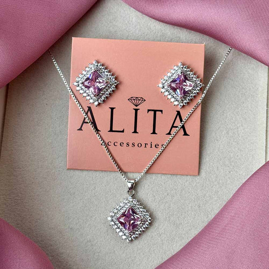 Rhombus Pendant Set (Silver Pink)