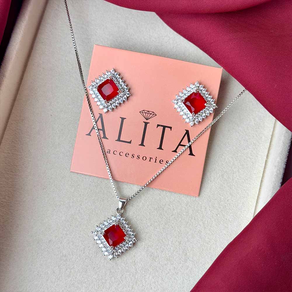 Rhombus Pendant Set (Silver Red)