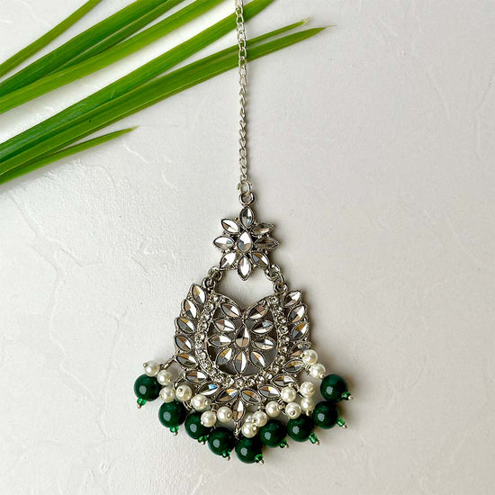 Sameera Earrings/Teeka Set Silver (Green)