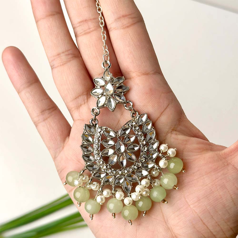 Sameera Earrings/Teeka Set Silver (Light Green)