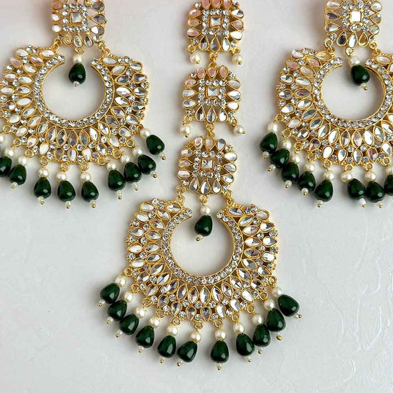 Load image into Gallery viewer, Wafaa Earrings/Teeka Set (Green)
