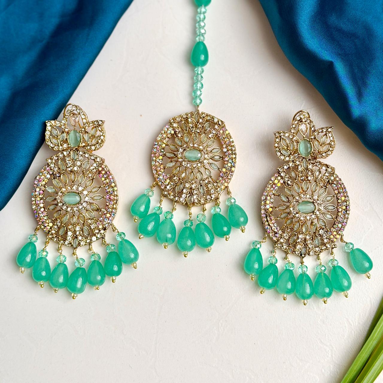 Zaria earrings and teeka set (golden turquoise)