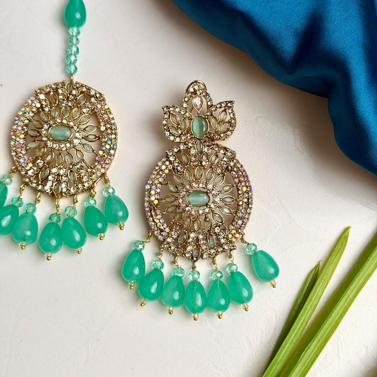 Zaria earrings and teeka set (golden turquoise)