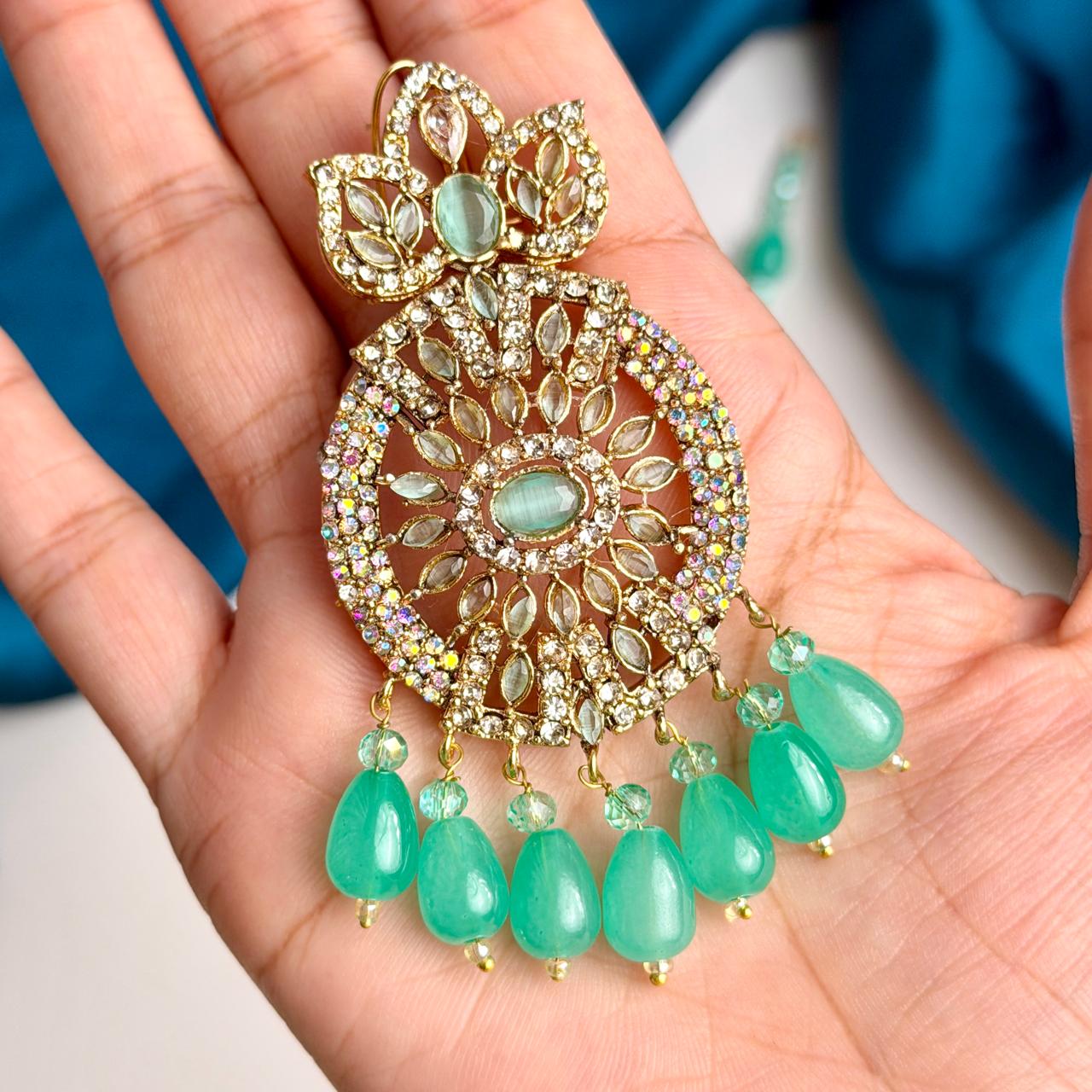 Zaria earrings and teeka set (golden turquoise)