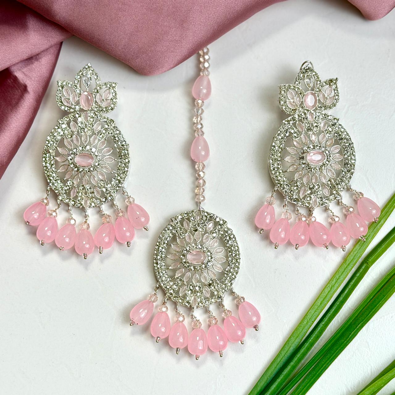 Zaria earrings and teeka set (silver pink)