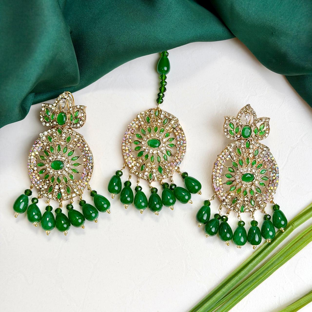 Zaria earrings and teeka set (golden green)