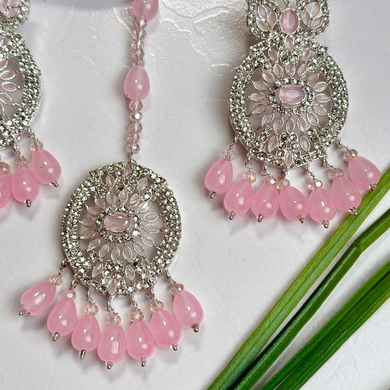 Zaria earrings and teeka set (silver pink)