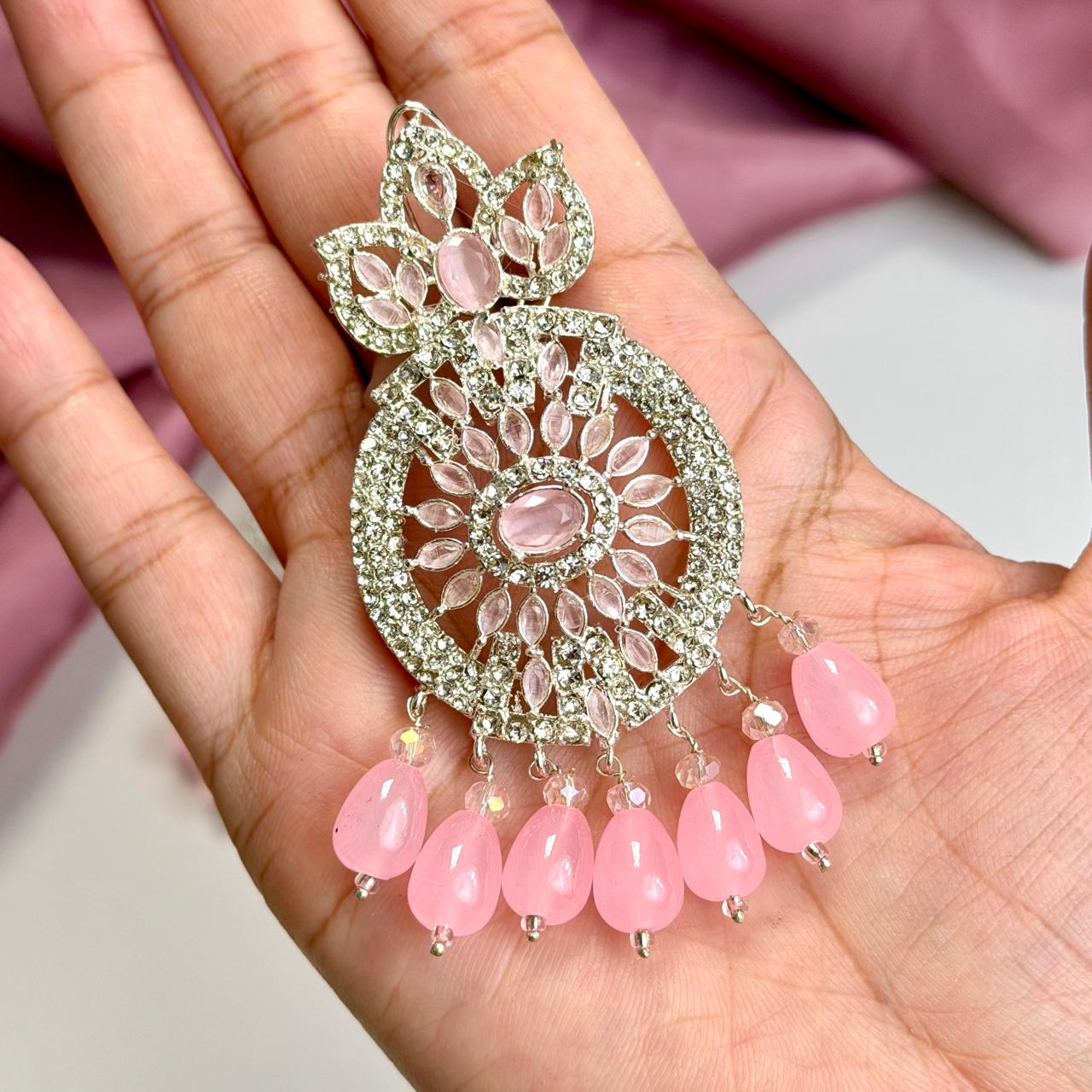 Zaria earrings and teeka set (silver pink)