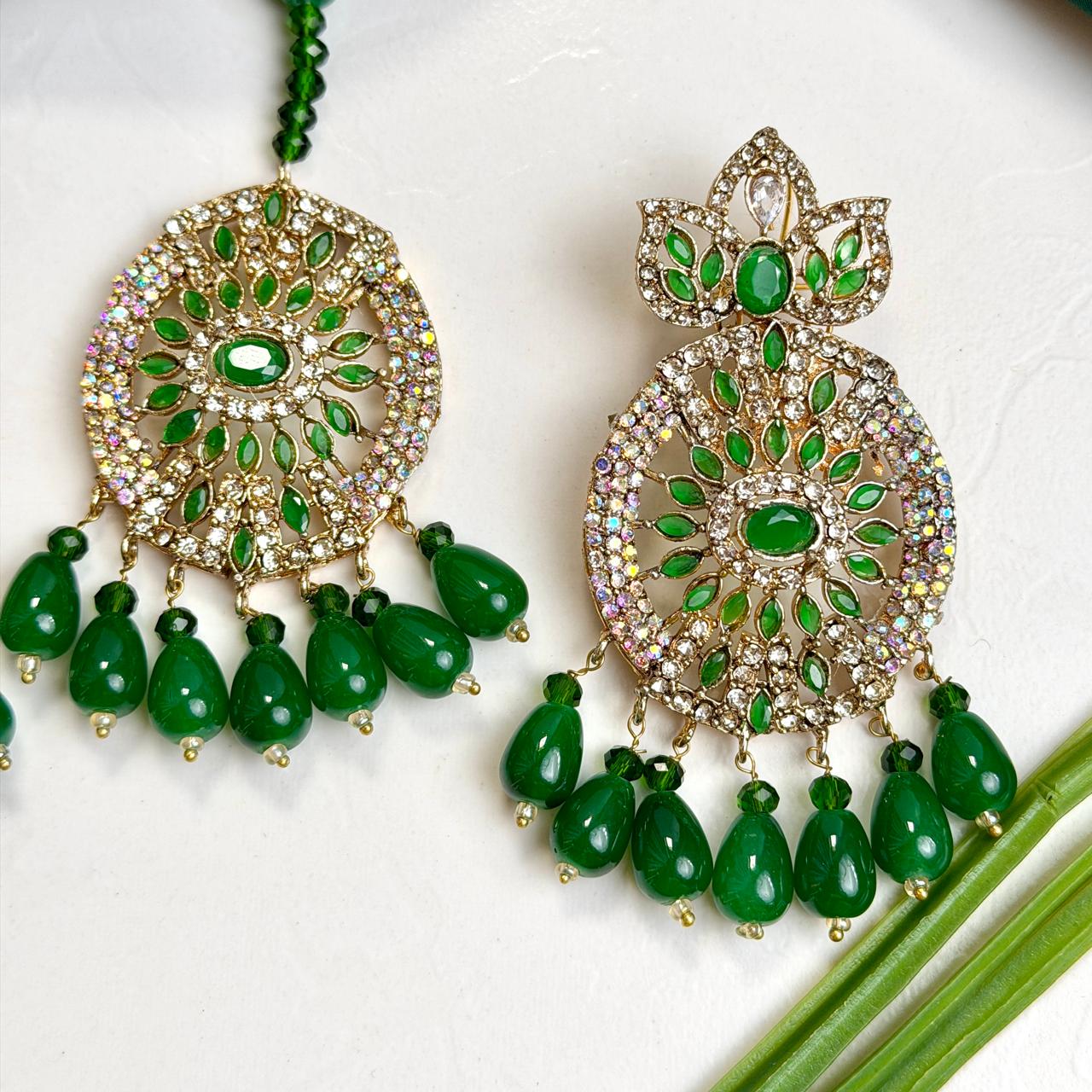 Zaria earrings and teeka set (golden green)