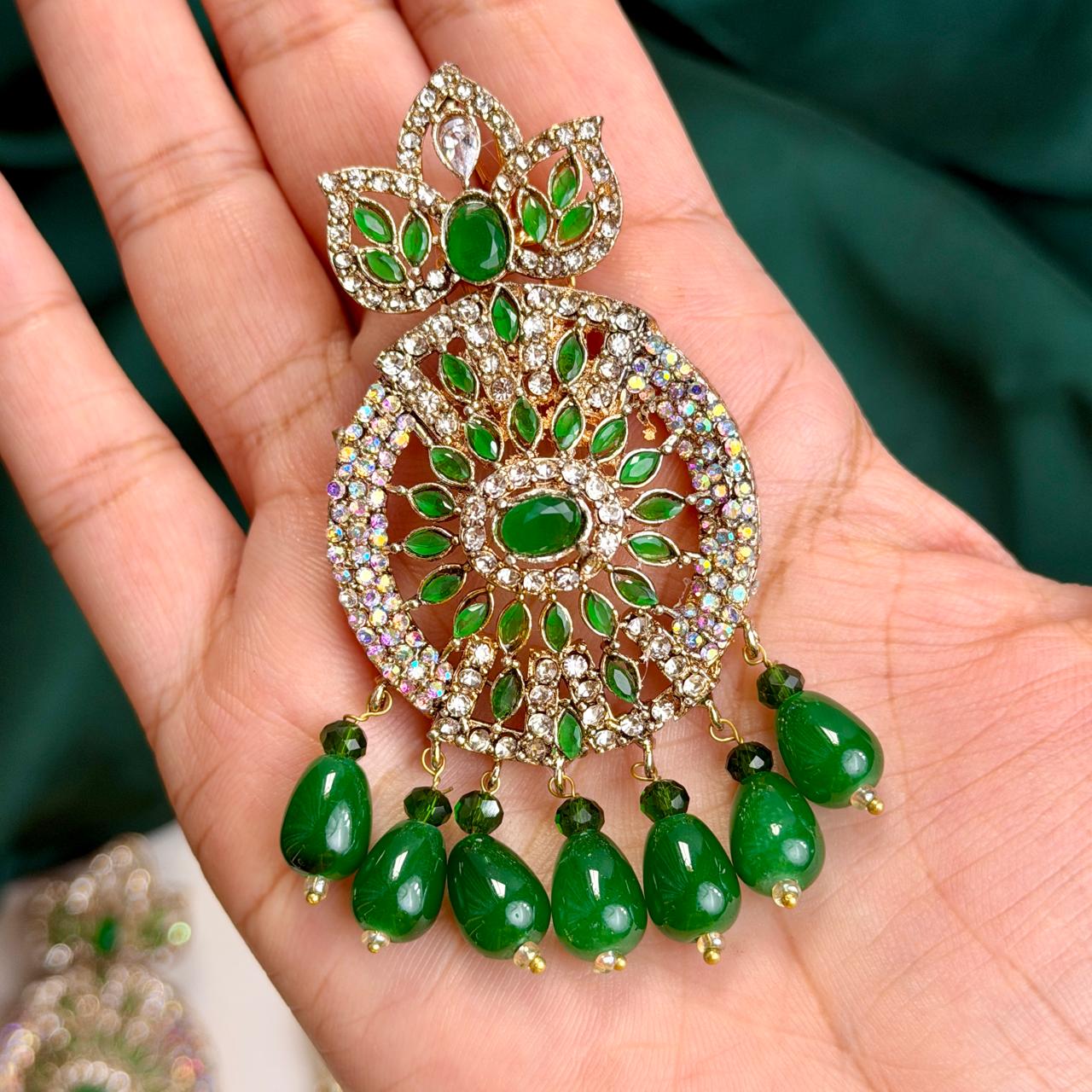 Zaria earrings and teeka set (golden green)
