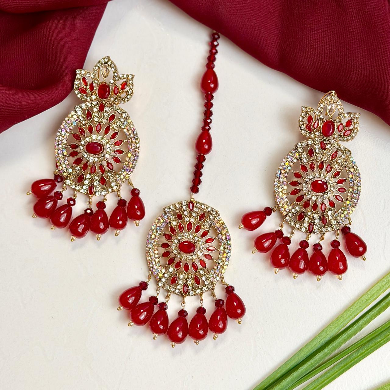 Zaria earrings and teeka set (golden red)