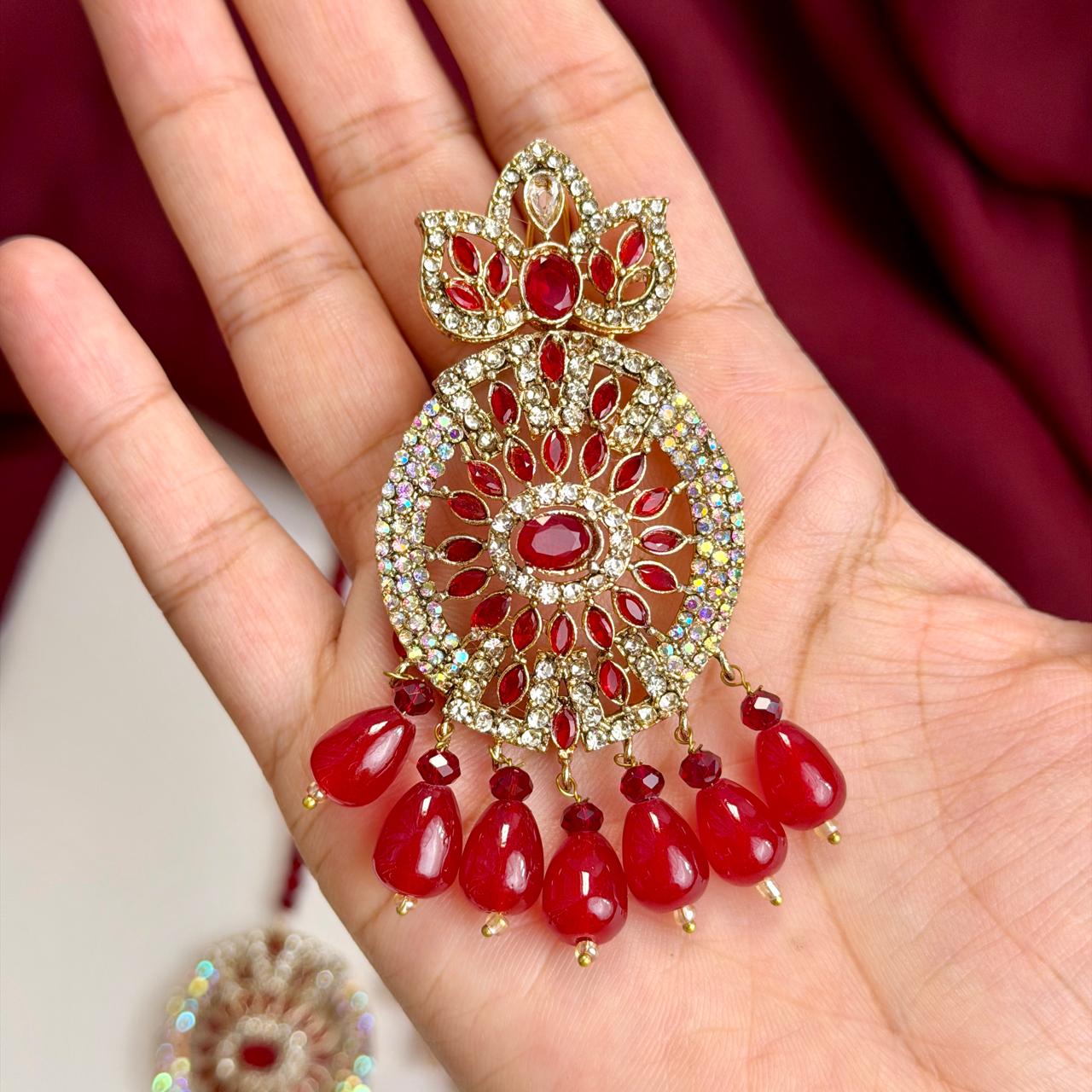Zaria earrings and teeka set (golden red)