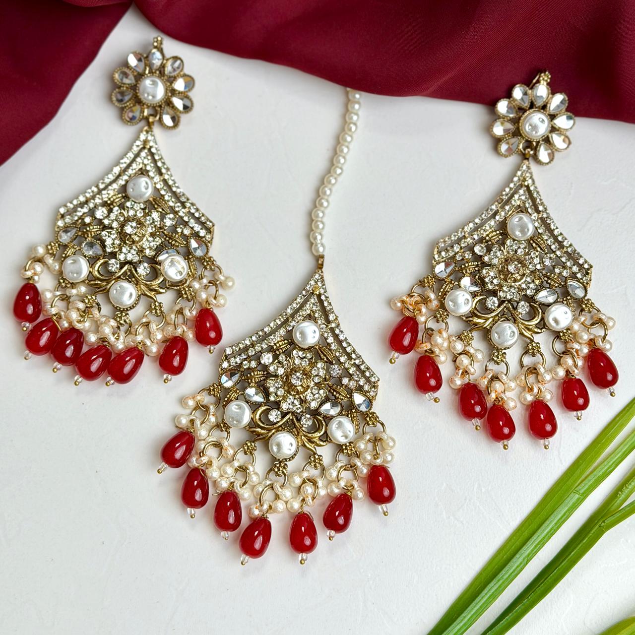 Arshia earrings and teeka set ( Red)