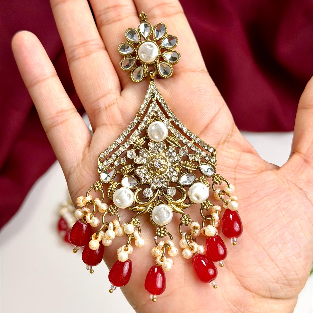 Arshia earrings and teeka set ( Red)