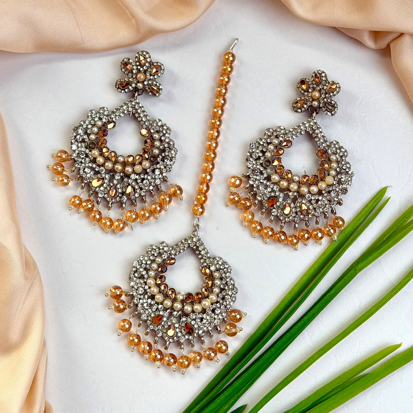 Naqsh earrings and teeka set(Champagne)
