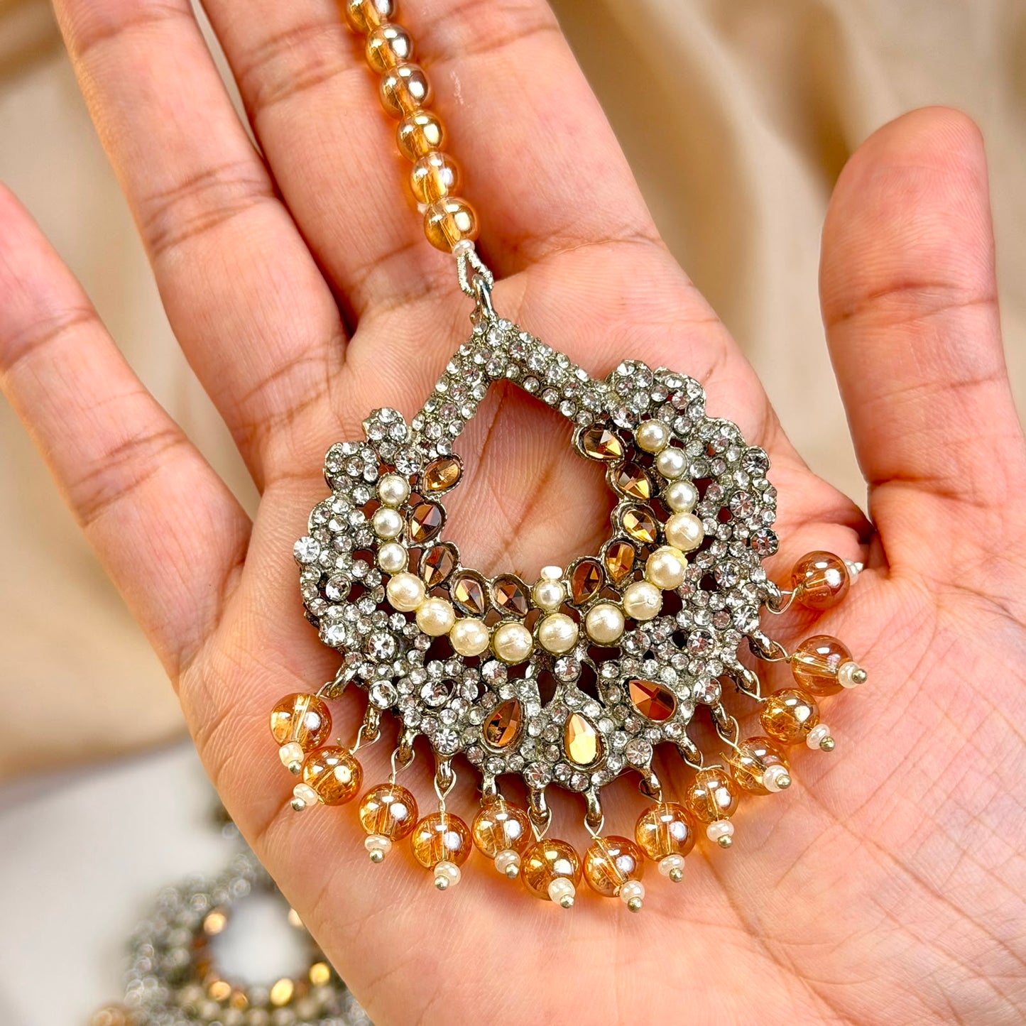 Naqsh earrings and teeka set(Champagne)