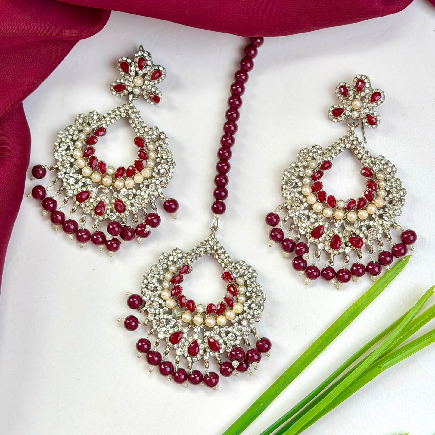 Naqsh earrings and teeka set(Maroon)