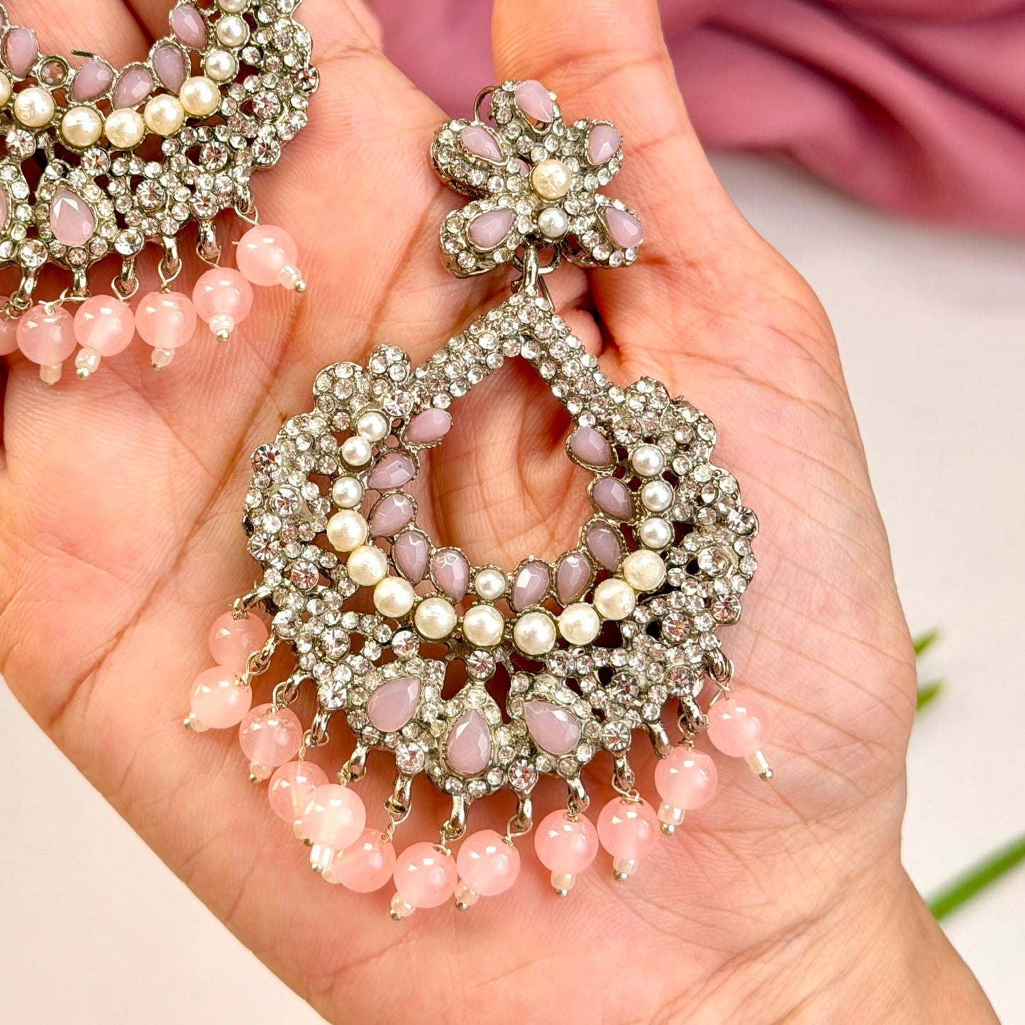Naqsh earrings and teeka set(Pink)
