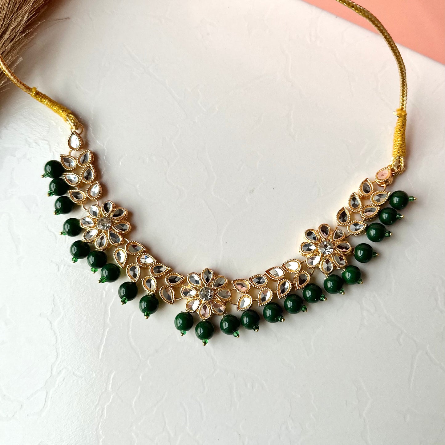 Flower Kundan Necklace (Green)