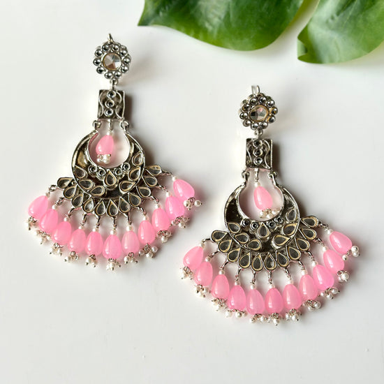 Load image into Gallery viewer, Farshi Kundan Earrings (Silver, Baby Pink)
