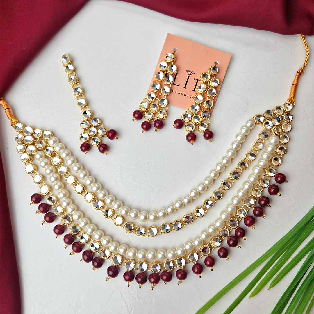 Jeena Kundan Set (Maroon)