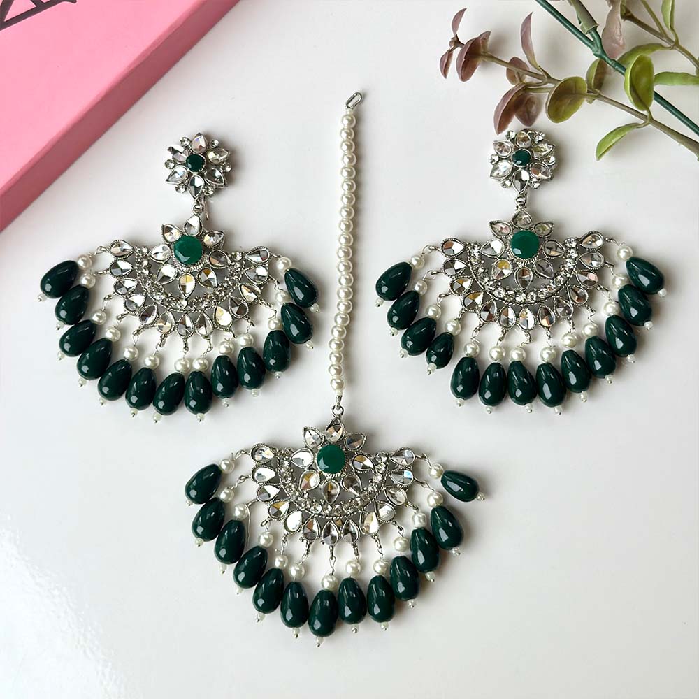 Minaahil Silver (Green) Earrings/Teeka set