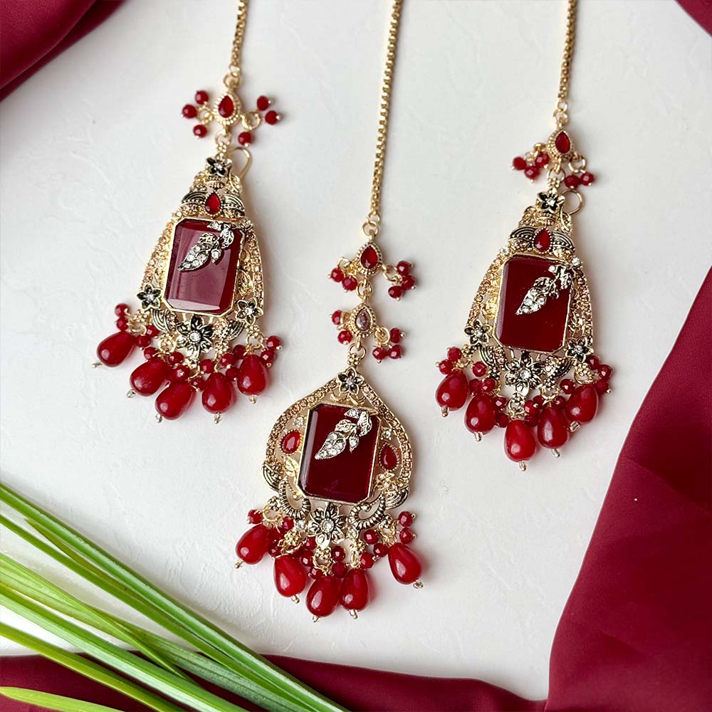 Zarala Earrings Teeka Set (Maroon)